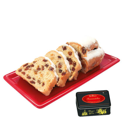 Produktbild fr '250g Rosinenstollen in der schwarzen Geschenkdose'